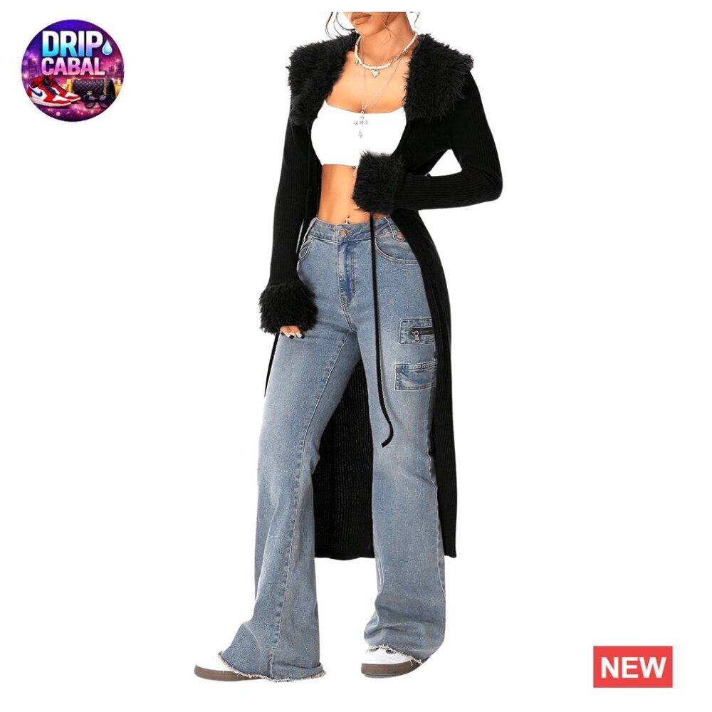 Faux Fur Trim Long Cardigan Y2K Knitted Sweater Open Front Tie Up Cozy